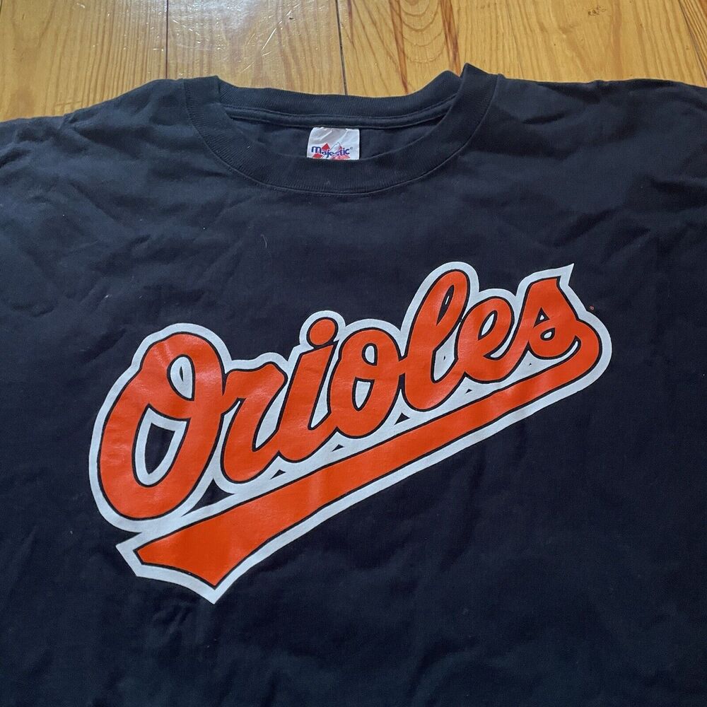 Vintage Majestic Baltimore Orioles Logo Single Stitched Black T-Shirt Men Sz XXL